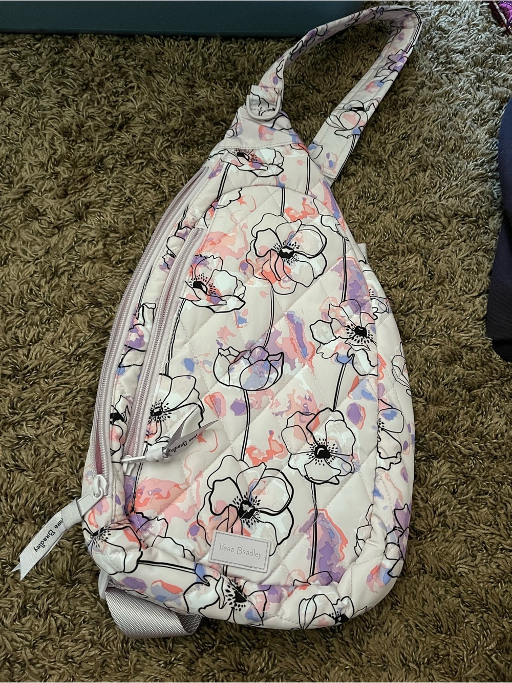 Vera Bradley White Quilted Crossbody Sling with Pink & Lavender Floral Print
